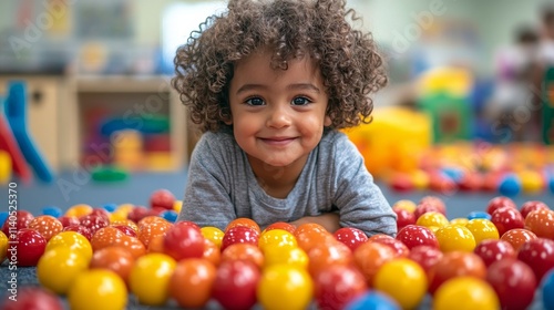 Happy child playing with colorful balls in a bright classroom setting