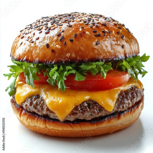 Delicious cheeseburger with fresh lettuce and tomato on a sesame seed bun