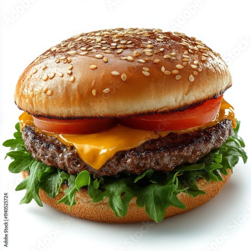 Delicious cheeseburger with fresh lettuce and tomato on a sesame seed bun