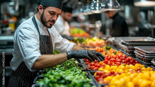 Chef prepares fresh vegetables in a bustling kitchen during dinner service