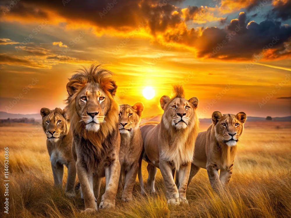 Majestic Lions Long Exposure Photography: Night Safari, Golden Hour, Wildlife, African Savanna Majestic Lions Long Exposure Photography: Night Safari, Golden Hour, Wildlife, African Savanna