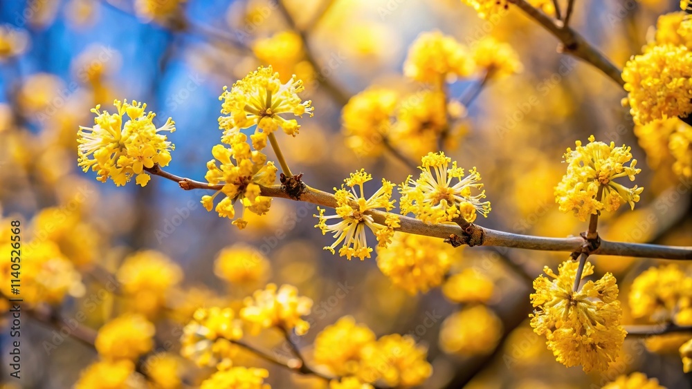 Spring blossoms of Cornelian cherry flowers in a long shot view