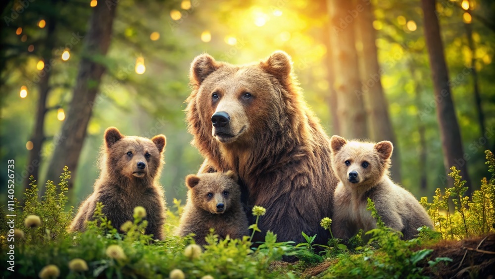 Obraz premium Majestic Mama Bear & Cubs: Bokeh Photography, Wildlife, Nature, Forest, Mother Bear, Bear Cubs, Family, Cute, Adorable, Wild Animals, Brown Bear, Grizzly Bear, Black Bear, 