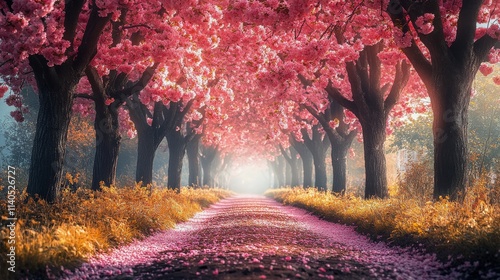 Cherry blossom trees line a tranquil road in a serene spring setting with sof...