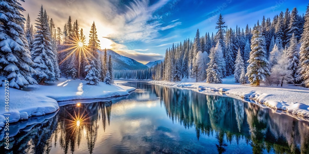 Obraz premium Majestic Montana Winter: Snow-Covered Mountains, Frozen Lakes, and Breathtaking Landscapes