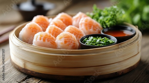 Variety of dim sum in bamboo steamers served with sauces and dips