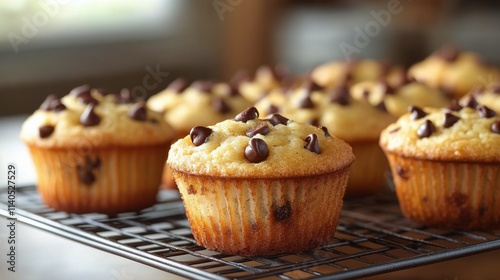 Freshly baked chocolate chip muffins cooling on a wire rack in a cozy kitchen