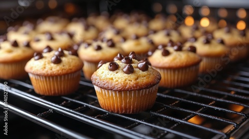 Freshly baked chocolate chip muffins cooling on a wire rack in a cozy kitchen