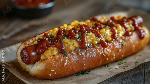 Delicious hot dog topped with cheese and ketchup served on a wooden table