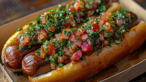 Delicious hot dog topped with cheese and ketchup served on a wooden table