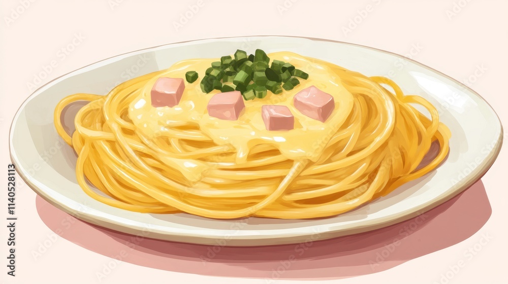 Creamy Spaghetti Dish with Cheese Sauce and Ham Cubes Creamy Spaghetti Dish with Cheese Sauce and Ham Cubes