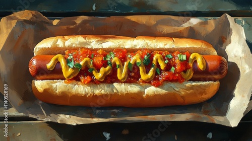 Delicious hot dog topped with cheese and ketchup served on a wooden table