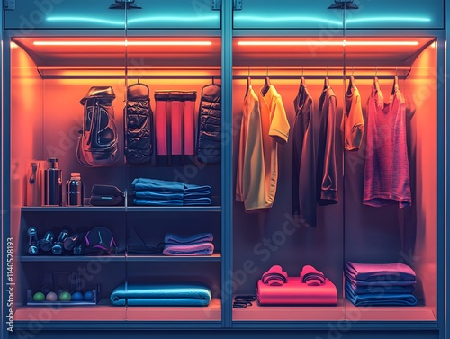 An open exercise locker reveals colorful gear: a yoga mat, protein shaker, headphones, and a folded tank top. The worn interior and bright lighting add realism, ideal for fitness ads or articles. photo