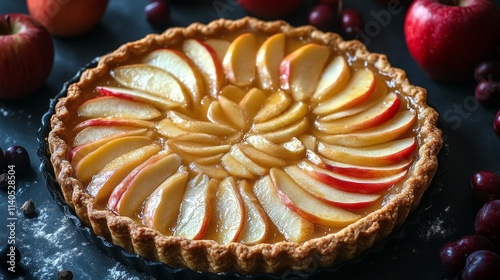 Delicious apple tart served on a wooden board with fresh apples in a cozy set...