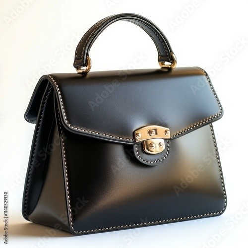 Sophisticated black handbag featuring gold circular clasp with elegant design...
