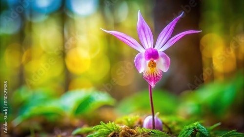 Spring panoramic view of beautiful Fairy Slipper Calypso bulbosa flowers in bloom