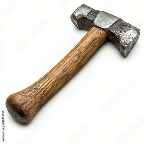 Solid steel hammer with a wooden handle resting on a neutral background