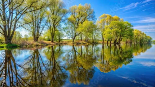 spring reflection of trees in water of the river Mologa Tilted Angle photo