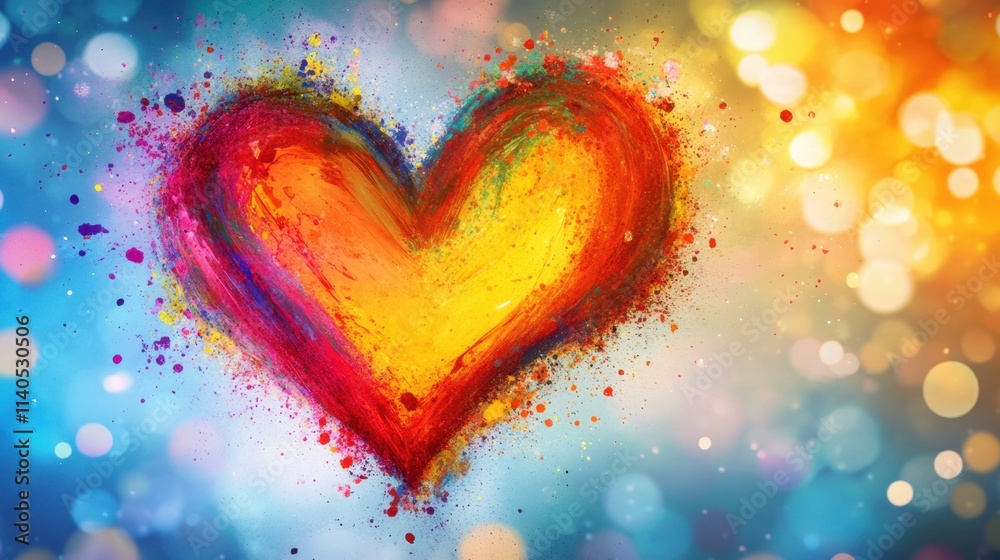 A heart shape appearing within a burst of colorful ink splashes, surrounded by delicate glowing bokeh lights. A heart shape appearing within a burst of colorful ink splashes, surrounded by delicate glowing bokeh lights.
