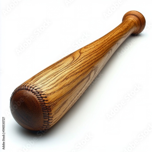 Wooden bat resting at an angle on a white surface in a well lit environment