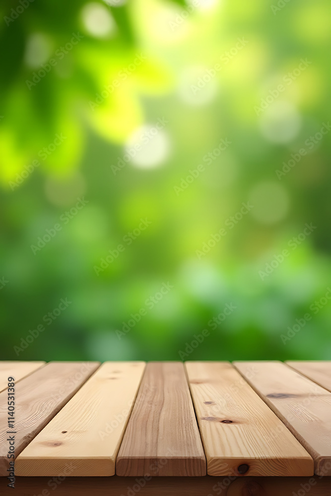 The background features an empty wooden table top against a blurred garden scene with fresh green leaves._00003_ The background features an empty wooden table top against a blurred garden scene with fresh green leaves._00003_