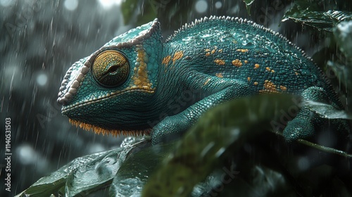 Lizard resting among vibrant green leaves in a tranquil natural setting