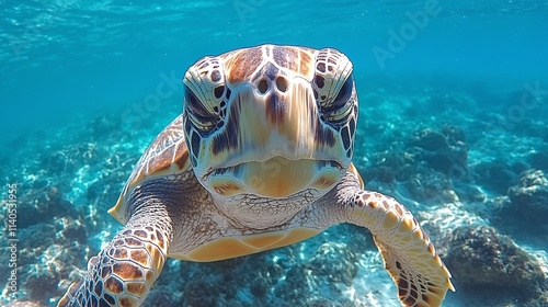 Green sea turtle swimming gracefully through vibrant coral reef during daylig...