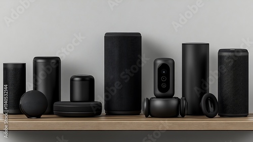 Sonos Speaker Lineup: Product Showcase on Wooden Shelf AI Generated photo