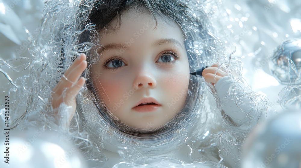 A curious toddler in an astronaut helmet, surrounded by shimmering orbs, gazes thoughtfully ahead. A curious toddler in an astronaut helmet, surrounded by shimmering orbs, gazes thoughtfully ahead.