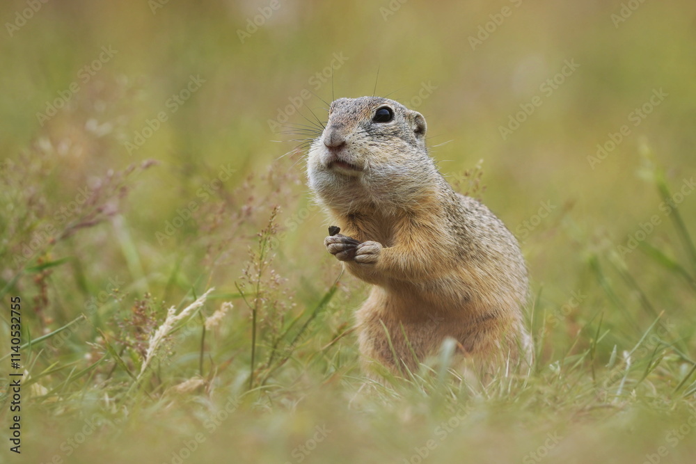 A cute young ground squirrel looking for food. Spermophilus citellus A cute young ground squirrel looking for food. Spermophilus citellus