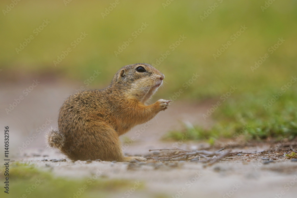 A cute young ground squirrel looking for food. Spermophilus citellus A cute young ground squirrel looking for food. Spermophilus citellus