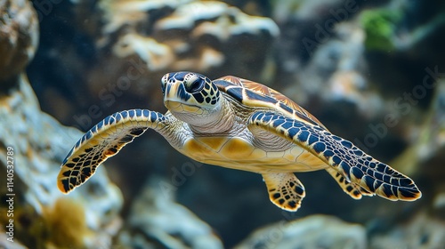Colorful sea turtle swims gracefully among coral reef in clear turquoise water