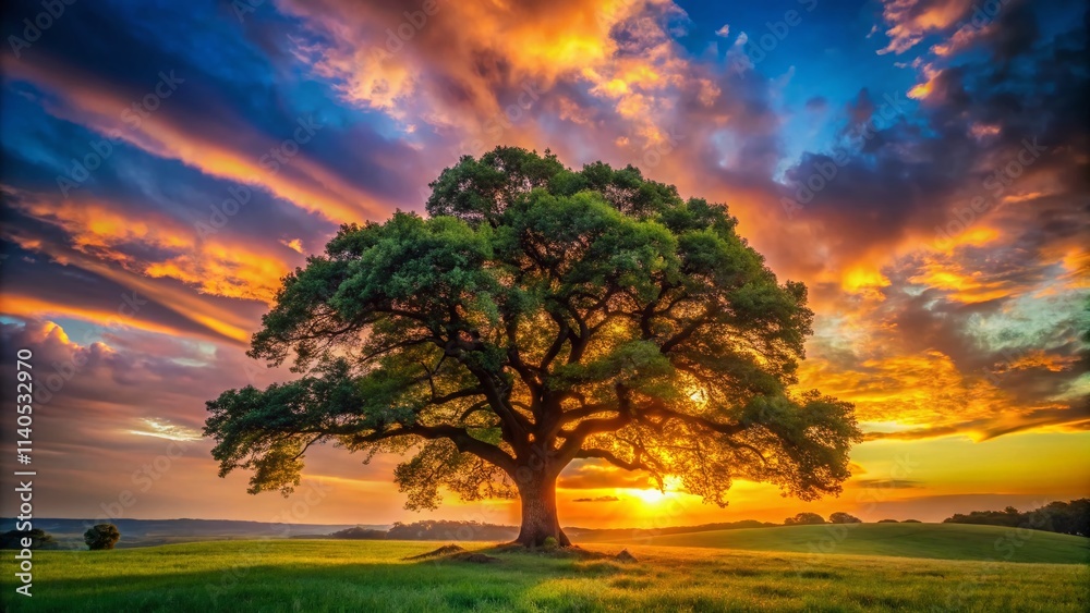 Majestic Sunrise Oak Tree Photography: Golden Hour Landscape, Deep Depth of Field, High Resolution Image
