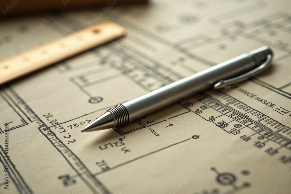 Pen and Ruler on Blueprint Pen and Ruler on Blueprint