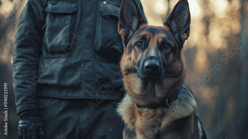 Trained german shepherd police and military guard dog standing next to officer, security service, safety and protection, narcotics inspection, copy space, animal obedience.