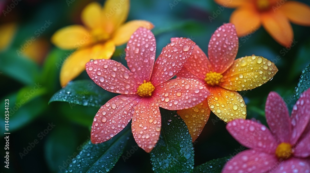 Pink flowers covered in water droplets display natures beauty in soft light Pink flowers covered in water droplets display natures beauty in soft light