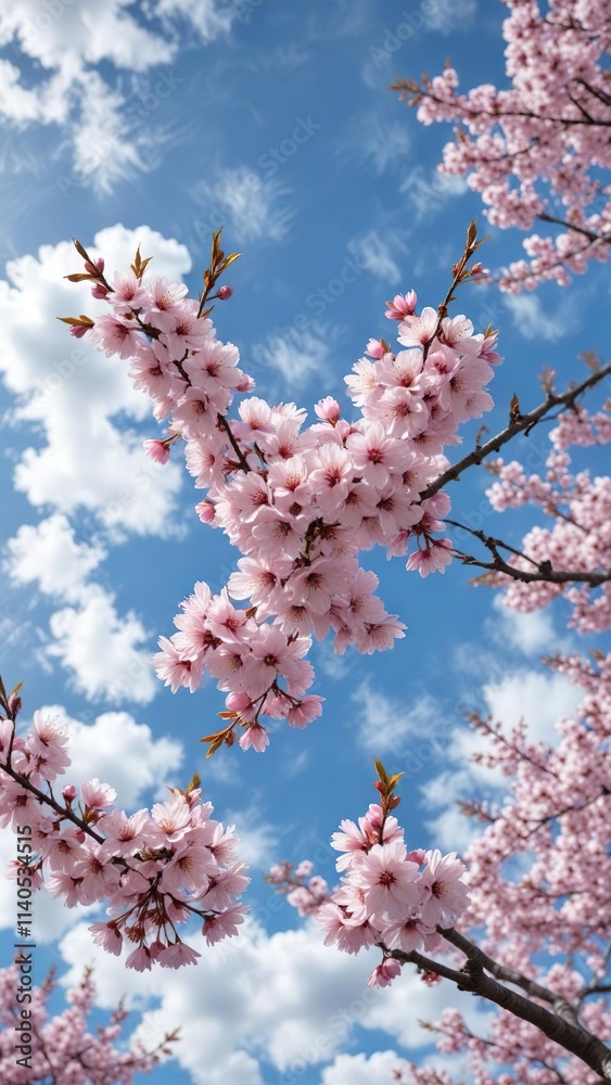 single branch of blooming cherry blossom trees against a bright blue sky and white clouds, white clouds, serene landscape , blue sky single branch of blooming cherry blossom trees against a bright blue sky and white clouds, white clouds, serene landscape , blue sky