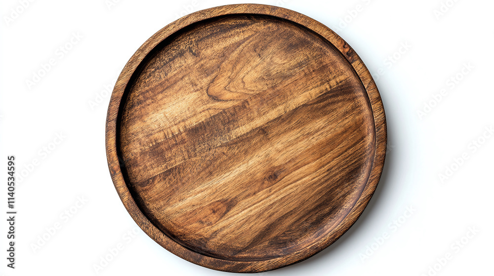 Wooden round tray isolated on white background, top view or above of empty vintage serving board object, rustic kitchen utensil in natural brown, stylish circle plate for food presentation. Wooden round tray isolated on white background, top view or above of empty vintage serving board object, rustic kitchen utensil in natural brown, stylish circle plate for food presentation.