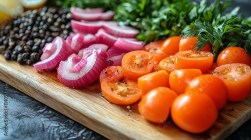Colorful salad with fresh ingredients prepared in a rustic kitchen setting