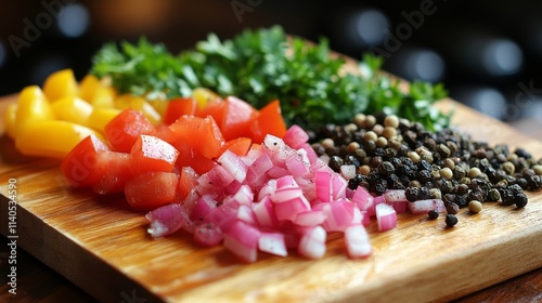 Colorful salad with fresh ingredients prepared in a rustic kitchen setting