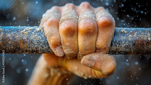 Close up of strong hands gripping a heavy barbell in a gym during a workout