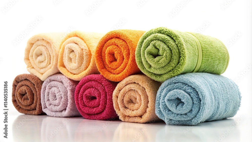 Stack of neatly rolled towels on white background isolation Stack of neatly rolled towels on white background isolation