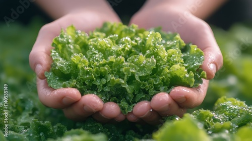 Freshly harvested lettuce held in hands amid vibrant green plants