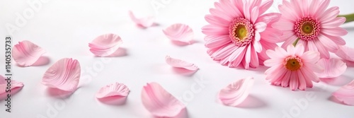 Soft pink gerbera flower petals scattered on a clean white background, flowers, background, delicate