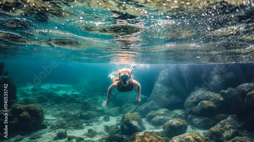 Man is swimming in the ocean with a lot of fish around him. The fish are scattered all over the water, and the man is surrounded by them. The scene is peaceful and serene