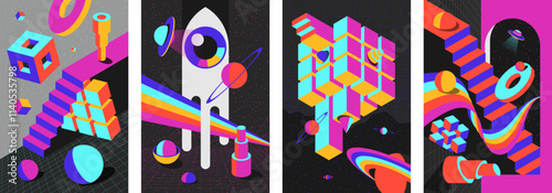 Retro psychedelic optical illusions poster set featuring colorful 70s and 80s inspired designs. Surreal geometric shapes skies and cosmic landscapes with spheres. Stairs and vintage perspectives print