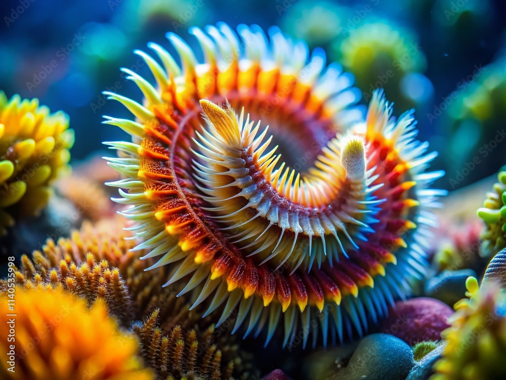 Marine Bristle Worm Underwater Photography: Rule of Thirds Composition, Macro Shot, Vibrant Colors, Ocean Life, Sea Creature Marine Bristle Worm Underwater Photography: Rule of Thirds Composition, Macro Shot, Vibrant Colors, Ocean Life, Sea Creature