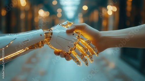 Robotic hand grasps human hand in a futuristic setting showcasing technology ...