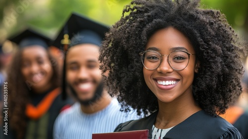 Young graduate celebrating achievement with friends and family outdoors at a ...