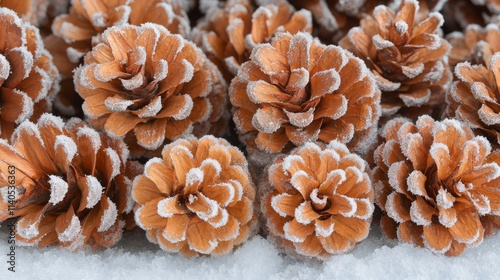 Pine cones covered in snow create a winter wonderland in a serene forest setting